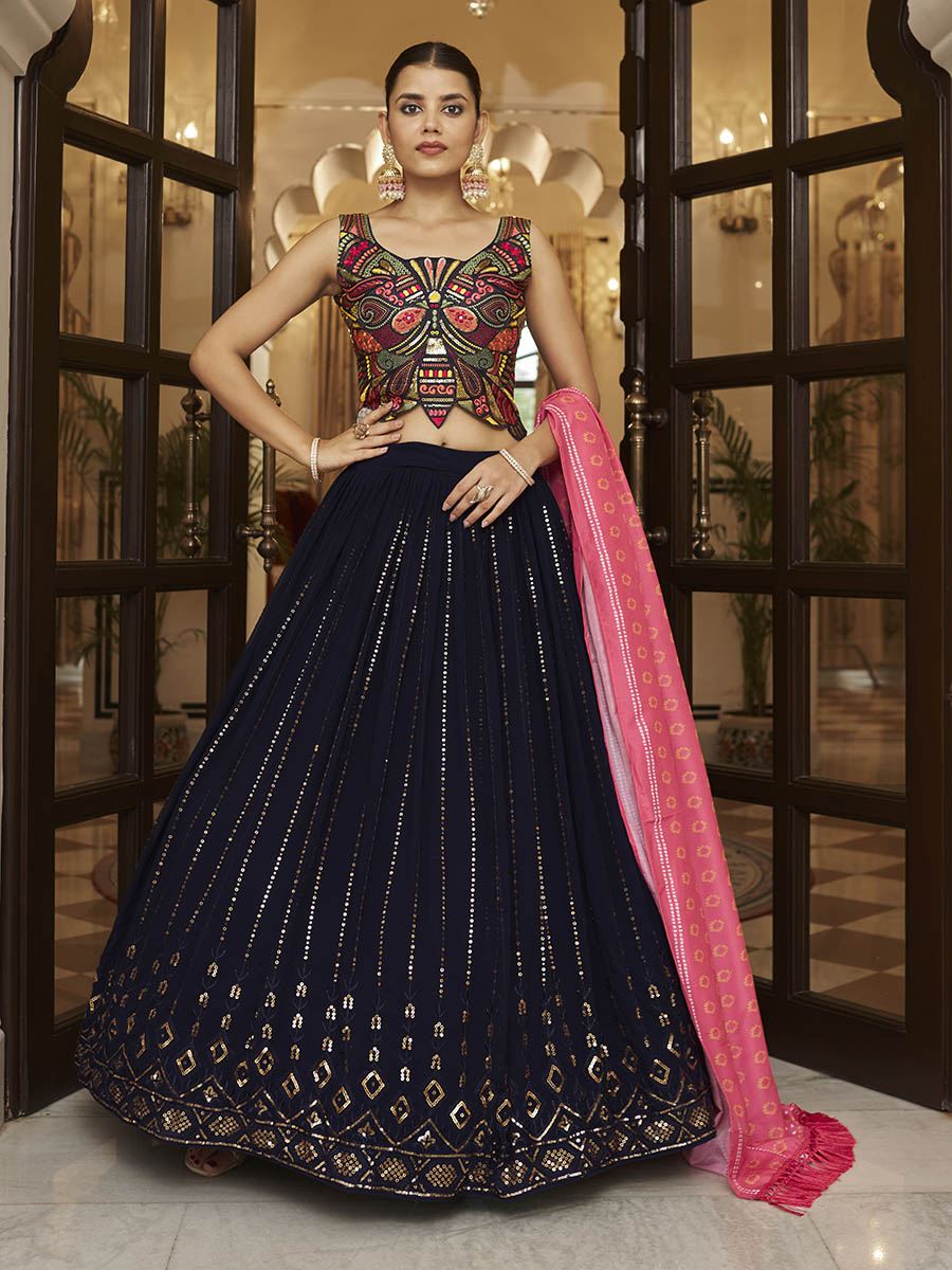 Pink and Navy Blue Georgette Designer Lehenga Choli