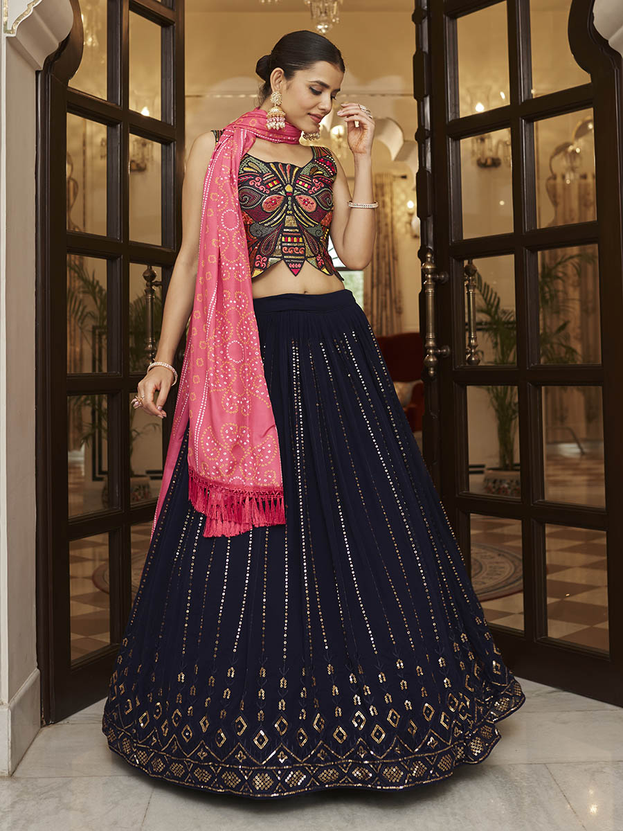 Pink and Navy Blue Georgette Designer Lehenga Choli