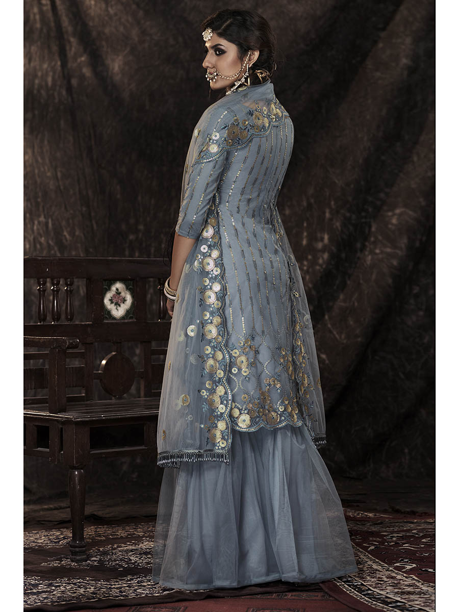 Grey Net Embroidered Sharara Suit