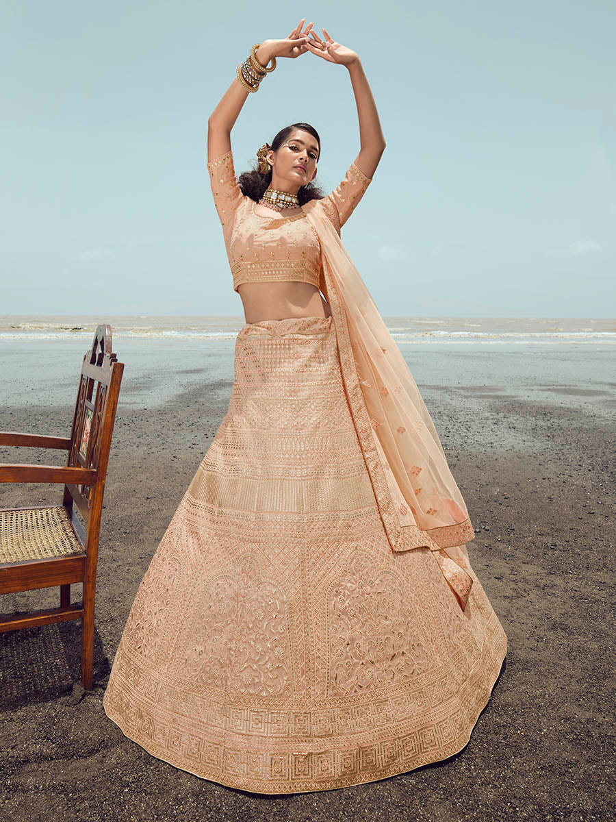 Peach Organza Embroidered Designer Lehenga Choli