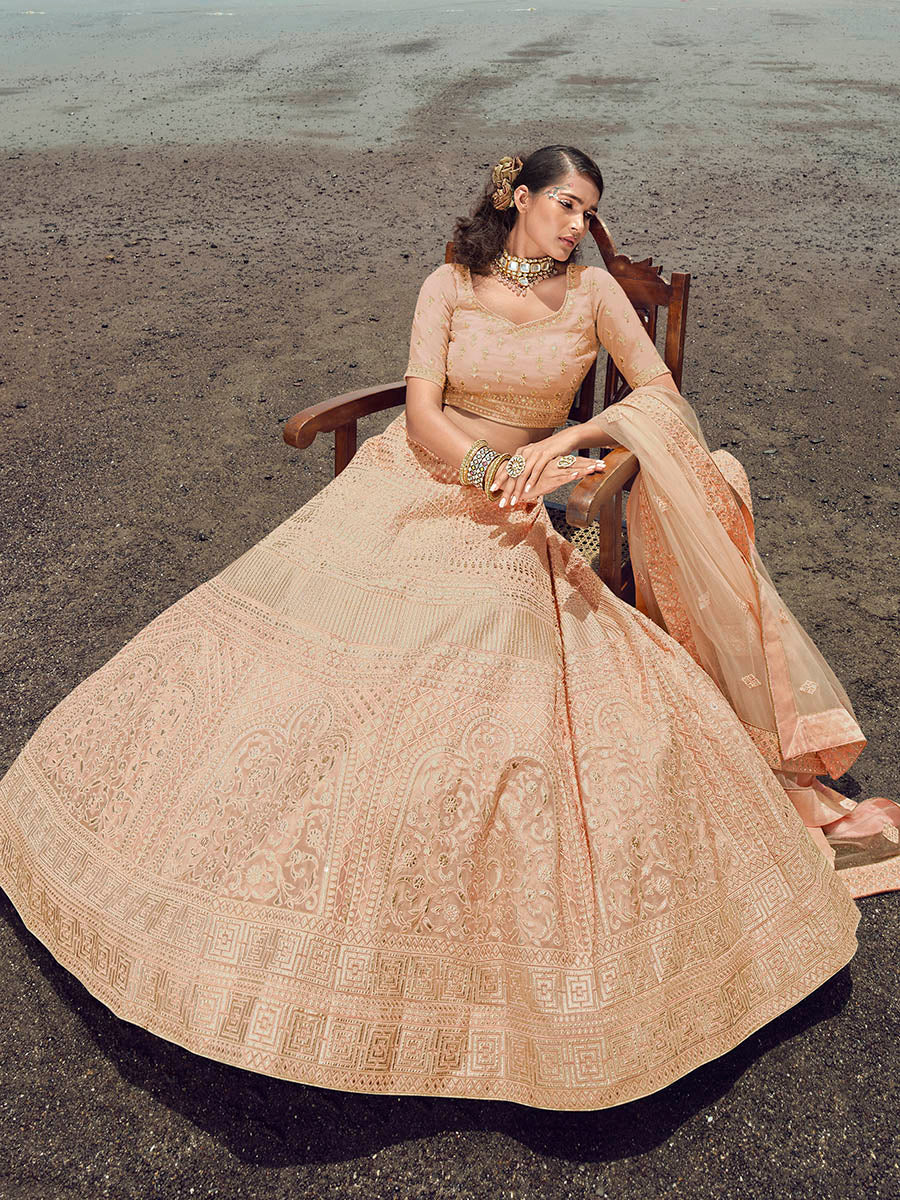 Peach Organza Embroidered Designer Lehenga Choli