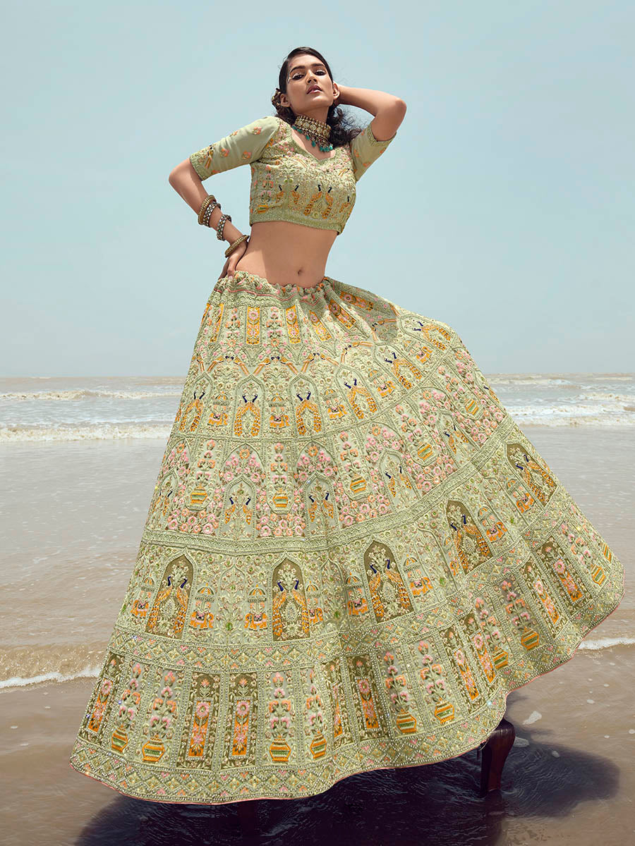 Pista Green Georgette Embroidered Designer Lehenga Choli