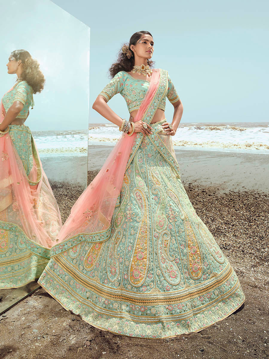 Turquoise Organza Embroidered Designer Lehenga Choli