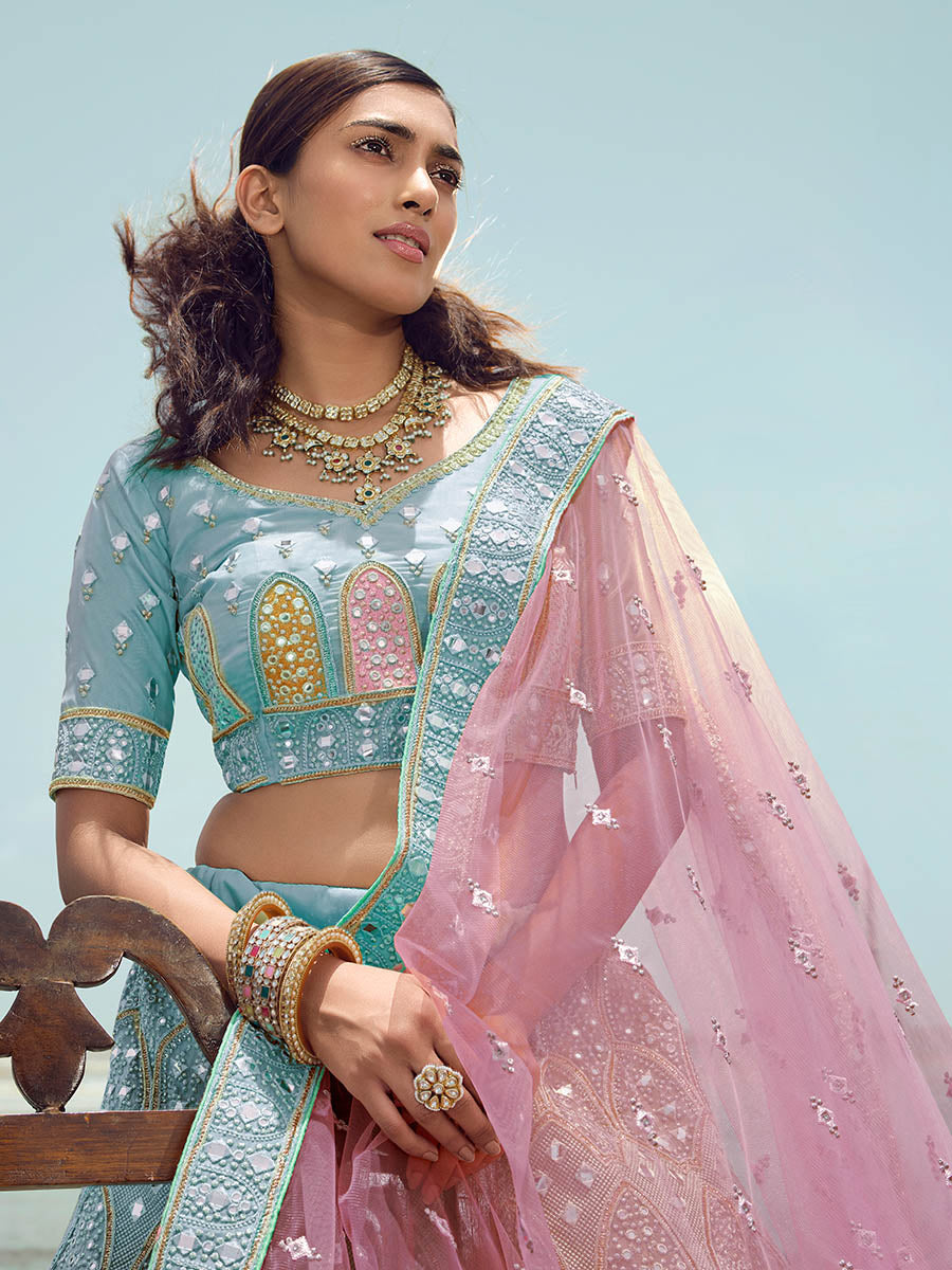 Turquoise Organza Embroidered Designer Lehenga Choli