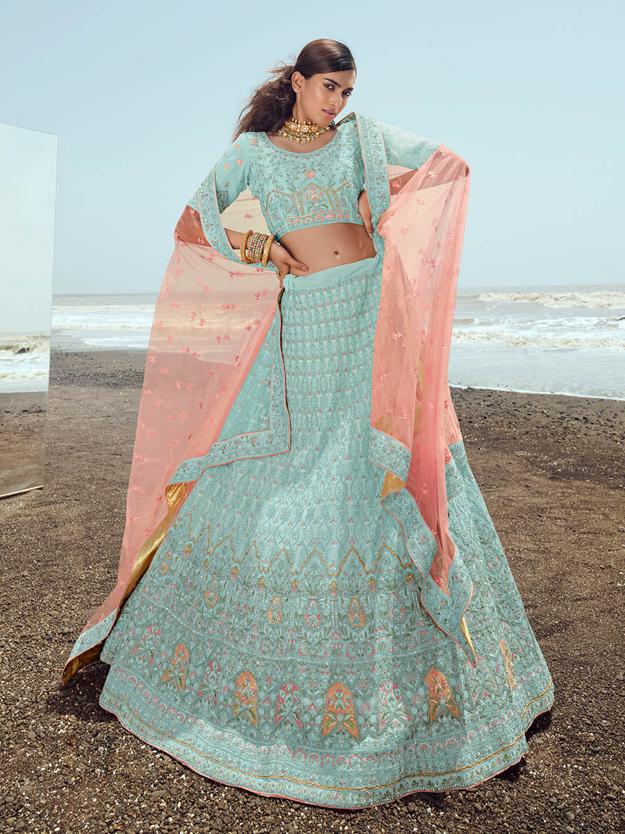 Turquoise Georgette Embroidered Designer Lehenga Choli