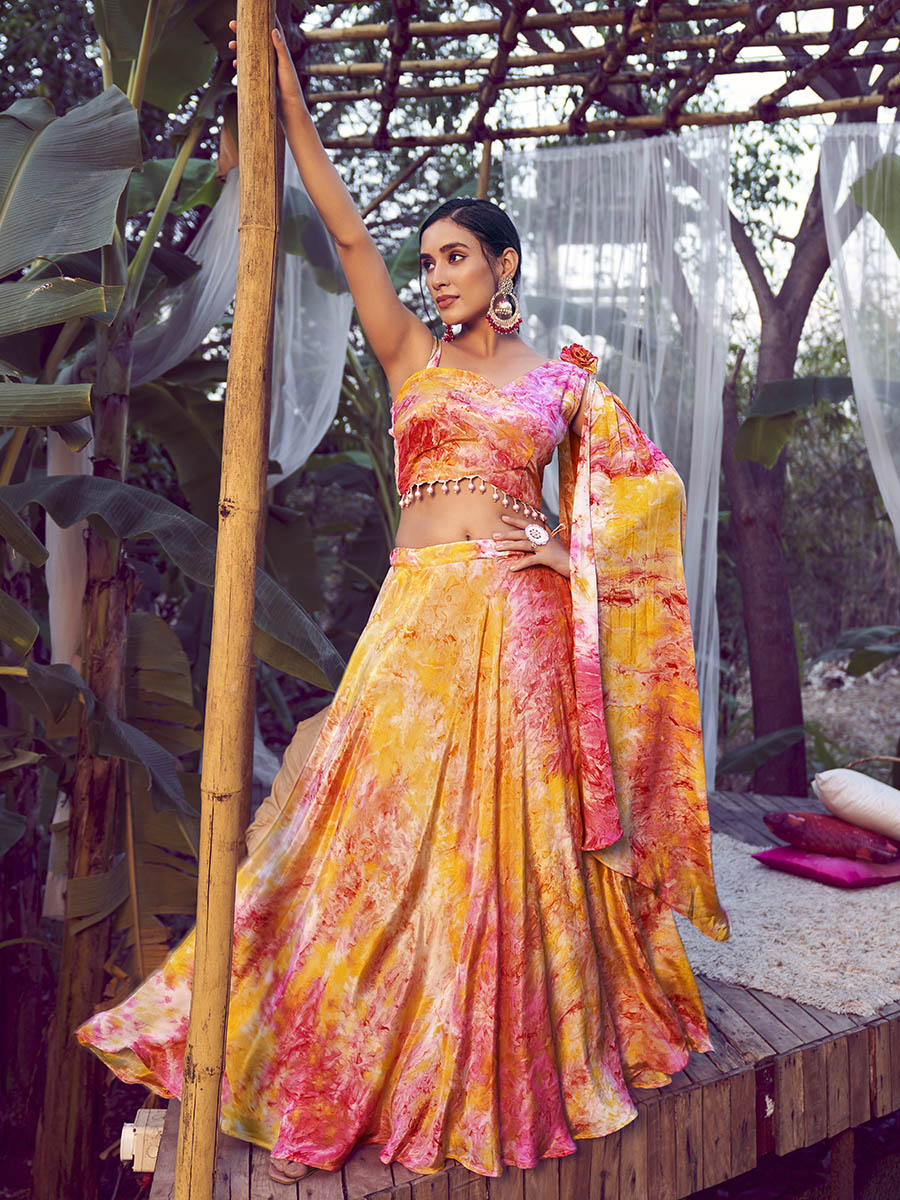 Orange Silk Digital Printed Designer Lehenga