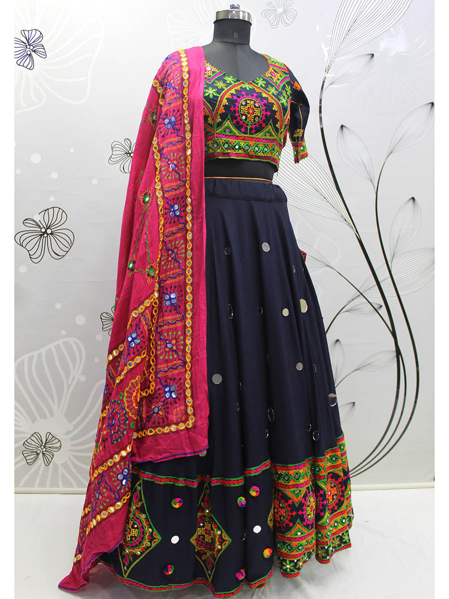 Navy Blue Viscose Rayon and Cotton Embroidered with Print Designer Lehenga