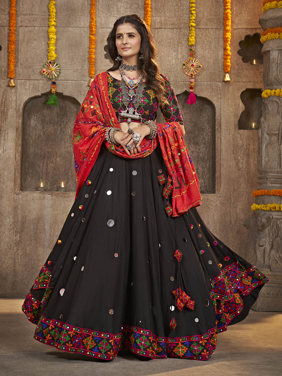 Black Viscose Rayon and Cotton Embroidered with Print Designer Lehenga