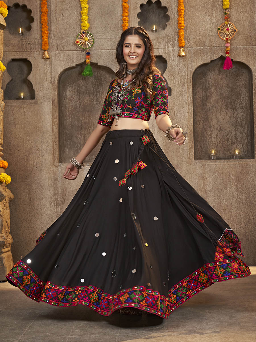 Black Viscose Rayon and Cotton Embroidered with Print Designer Lehenga