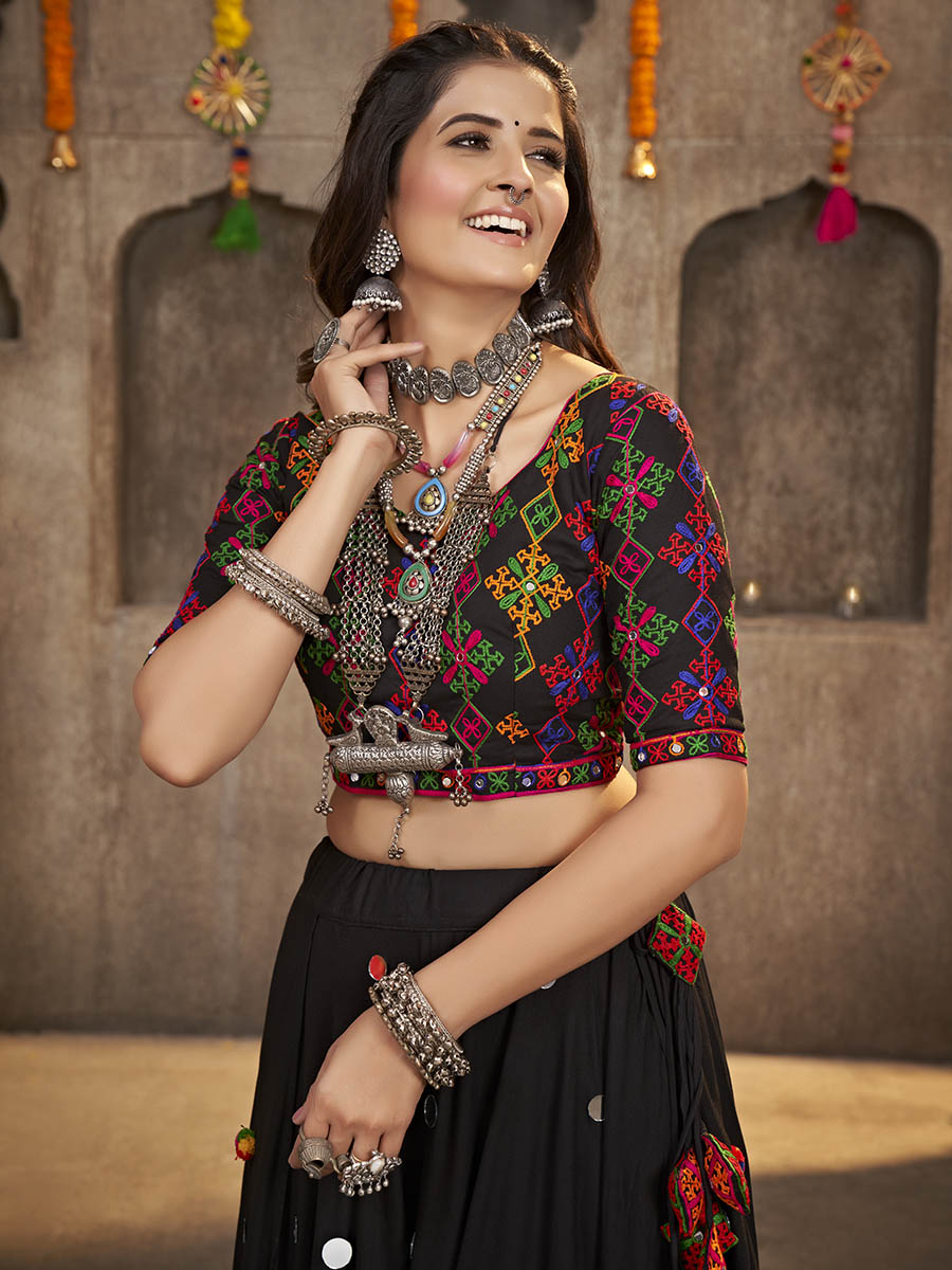 Black Viscose Rayon and Cotton Embroidered with Print Designer Lehenga