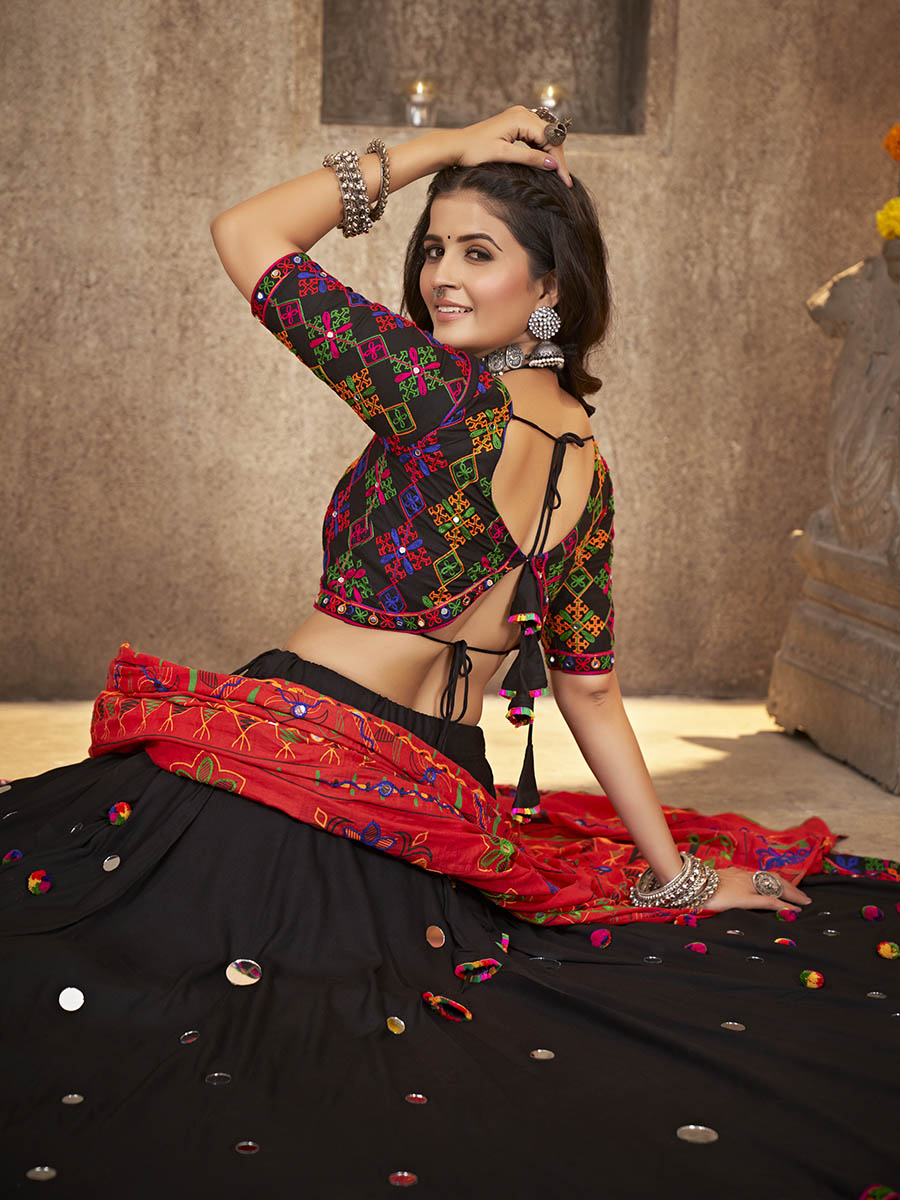 Black Viscose Rayon and Cotton Embroidered with Print Designer Lehenga