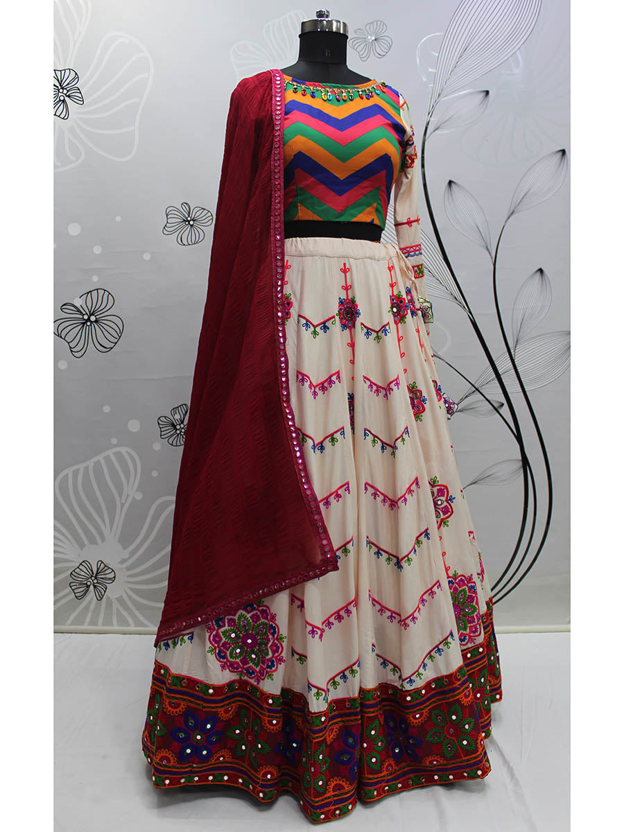 Pearl White Viscose Rayon and Cotton Embroidered with Print Designer Lehenga