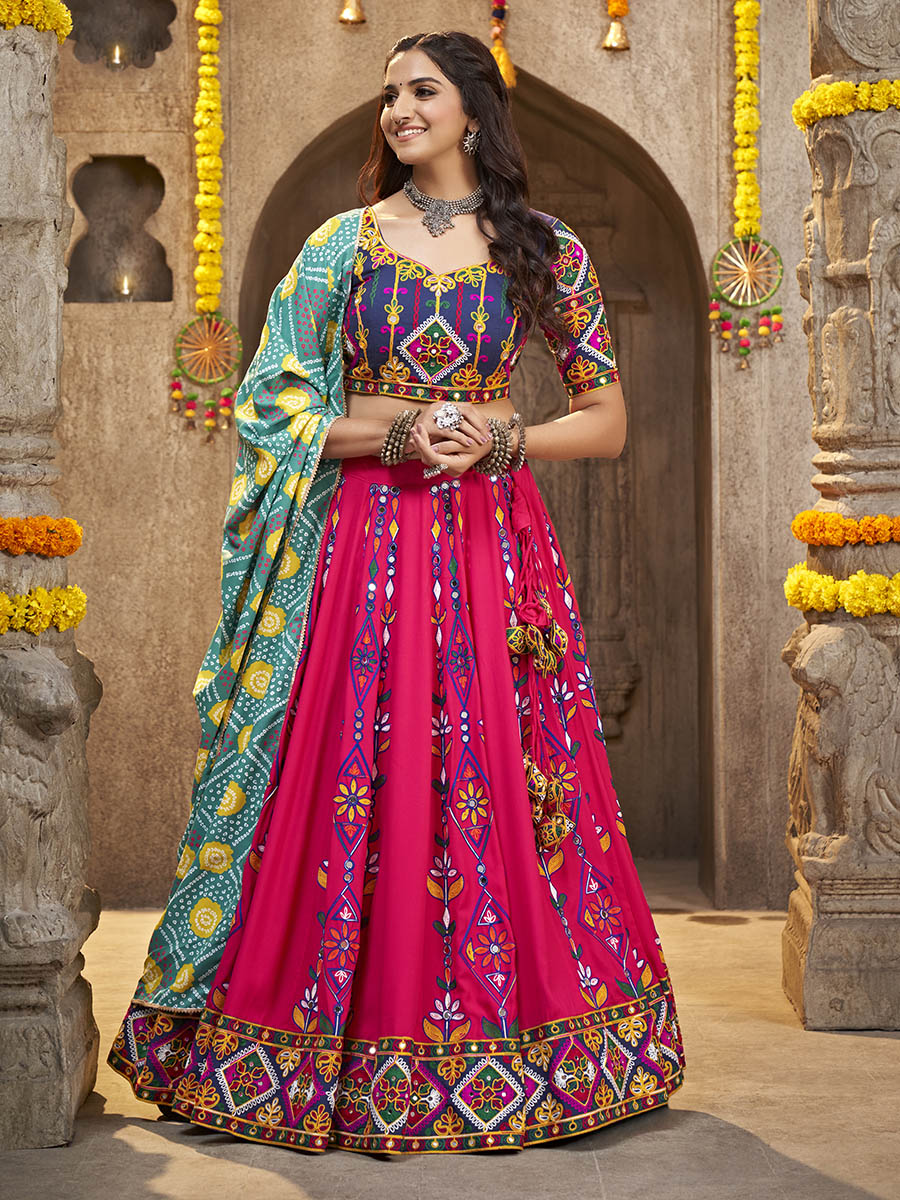 Deep Pink Viscose Rayon and Cotton Embroidered with Print Designer Lehenga