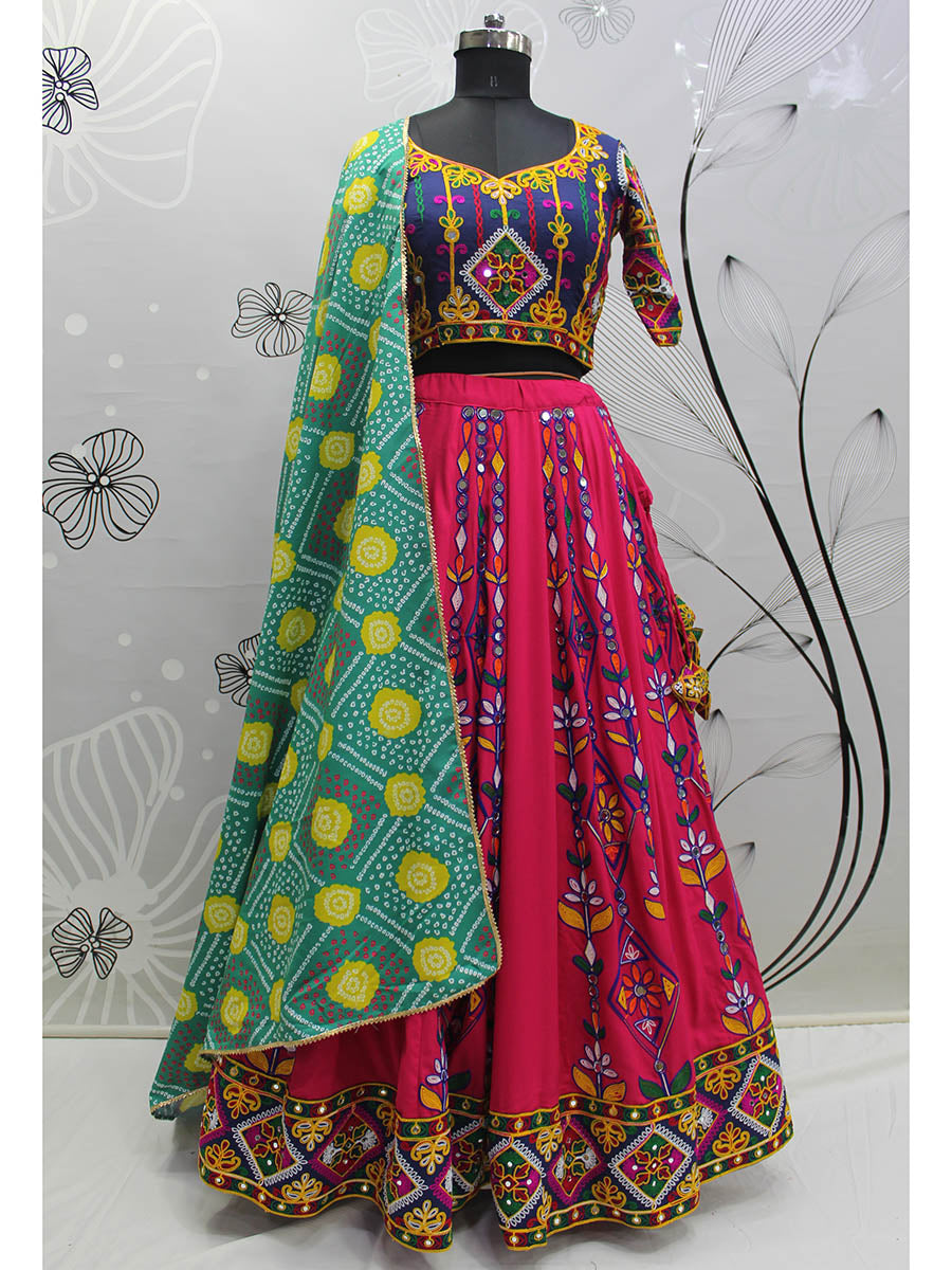 Deep Pink Viscose Rayon and Cotton Embroidered with Print Designer Lehenga