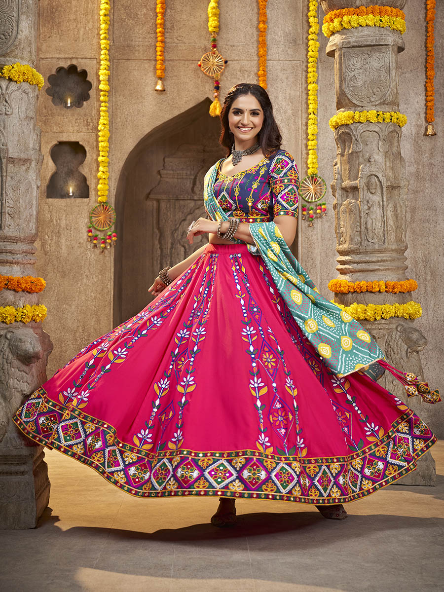 Deep Pink Viscose Rayon and Cotton Embroidered with Print Designer Lehenga