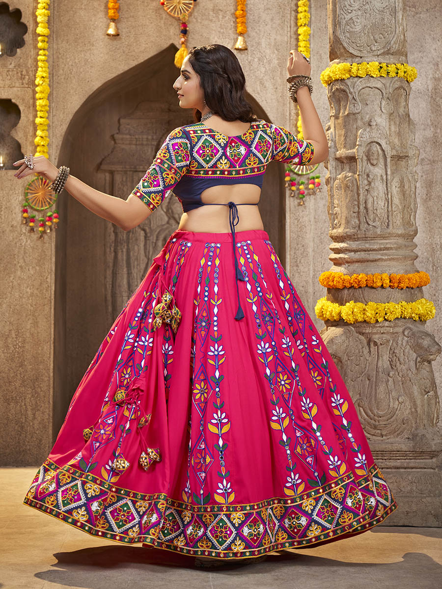 Deep Pink Viscose Rayon and Cotton Embroidered with Print Designer Lehenga