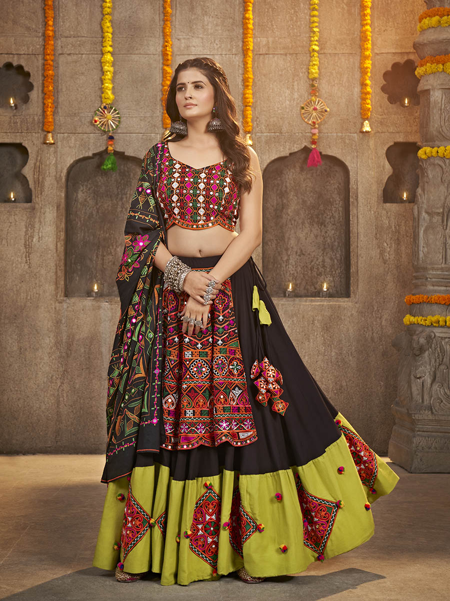 Black Viscose Rayon and Cotton Embroidered with Print Designer Lehenga