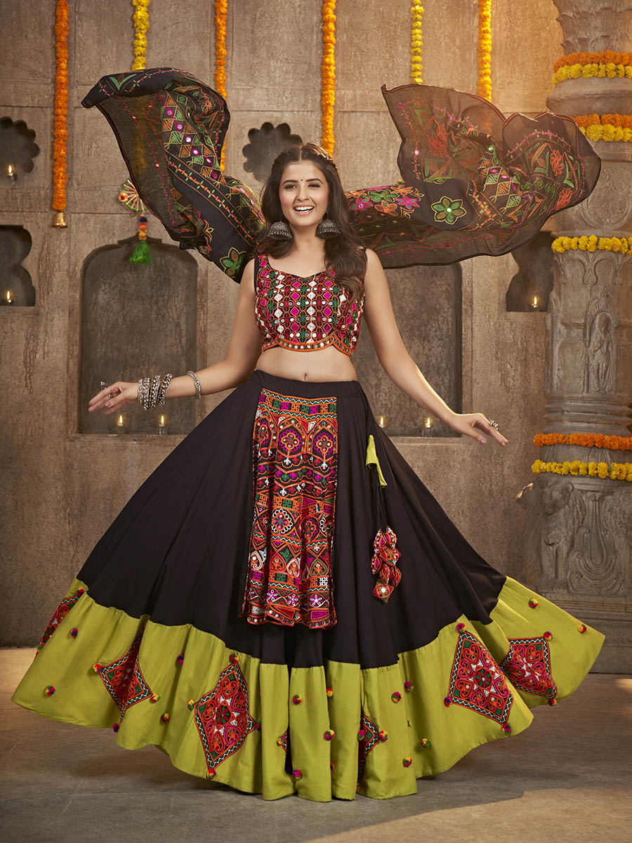 Black Viscose Rayon and Cotton Embroidered with Print Designer Lehenga