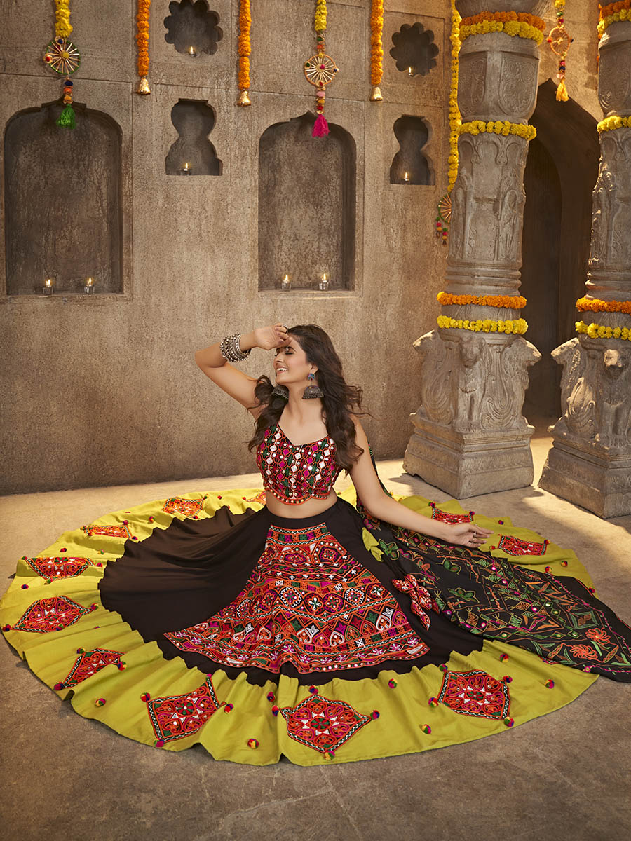 Black Viscose Rayon and Cotton Embroidered with Print Designer Lehenga