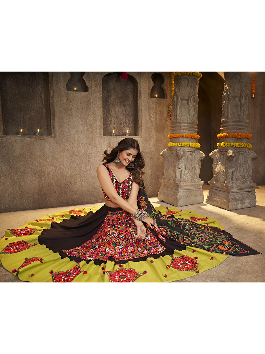 Black Viscose Rayon and Cotton Embroidered with Print Designer Lehenga