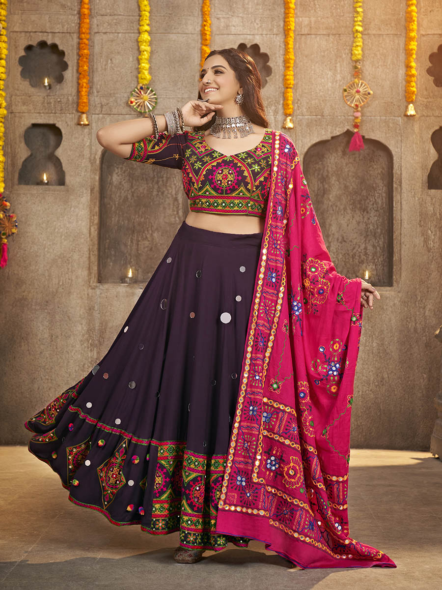 Purple Viscose Rayon and Cotton Embroidered with Print Designer Lehenga