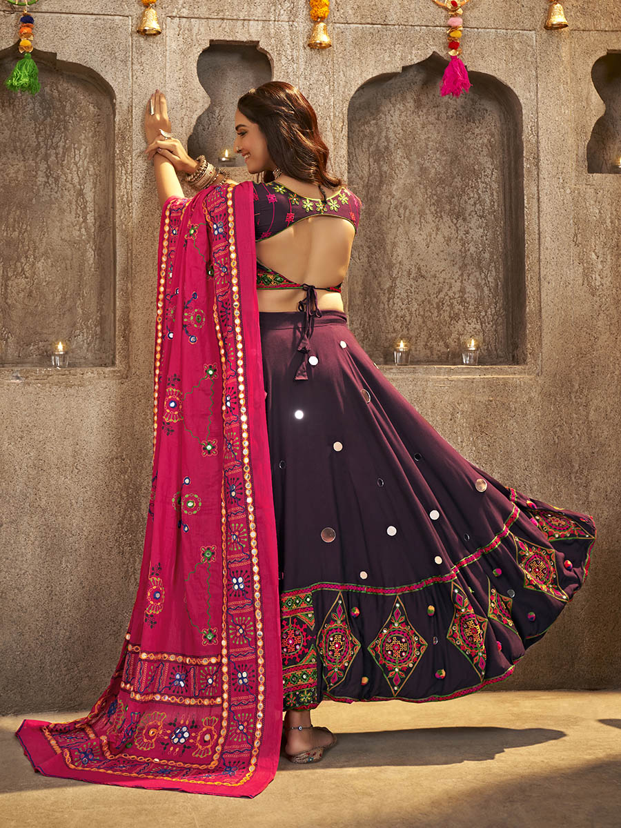 Purple Viscose Rayon and Cotton Embroidered with Print Designer Lehenga