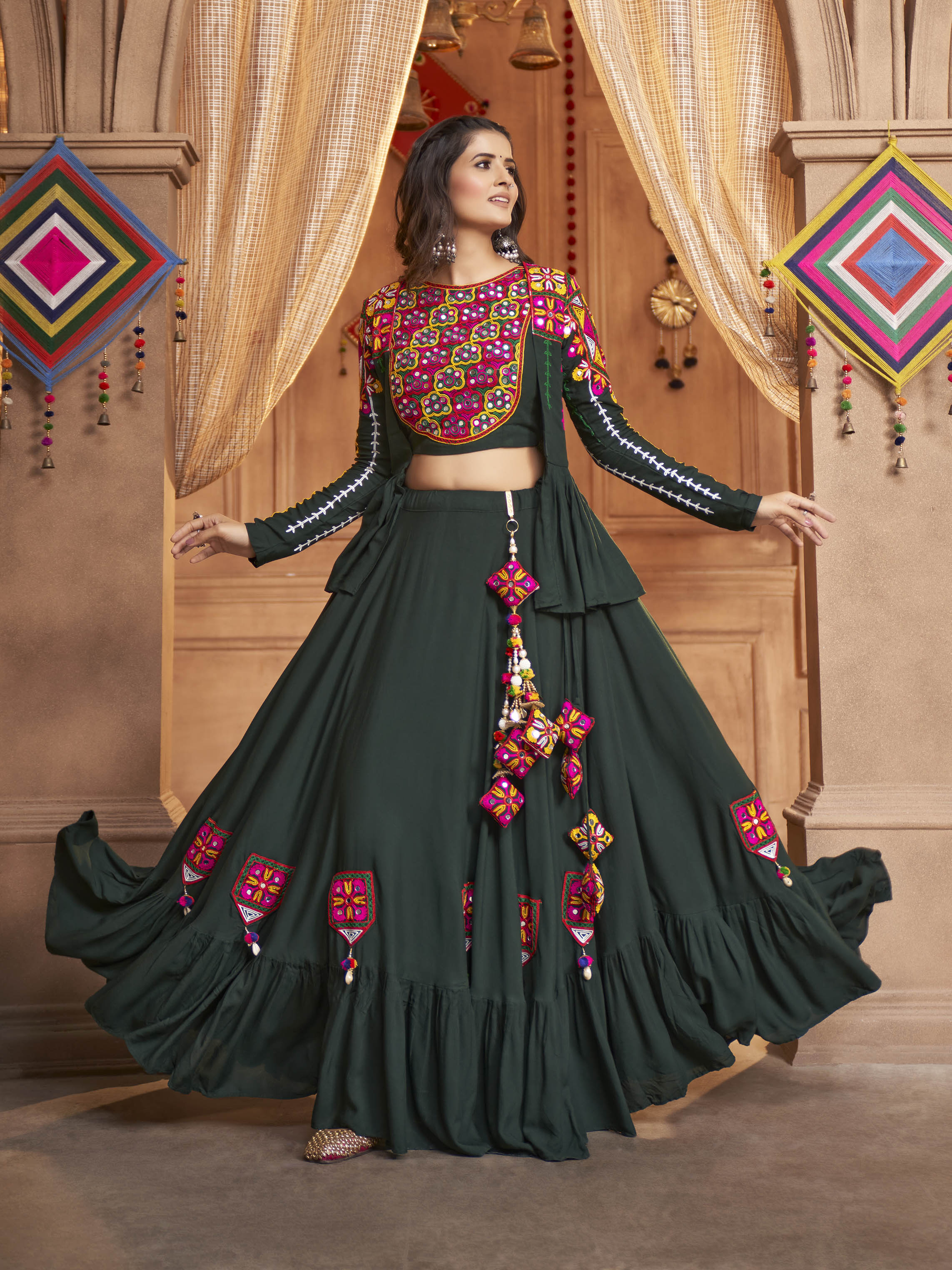 Green Koti Style Viscose Rayon Embroidered Designer Navratri Special Lehenga