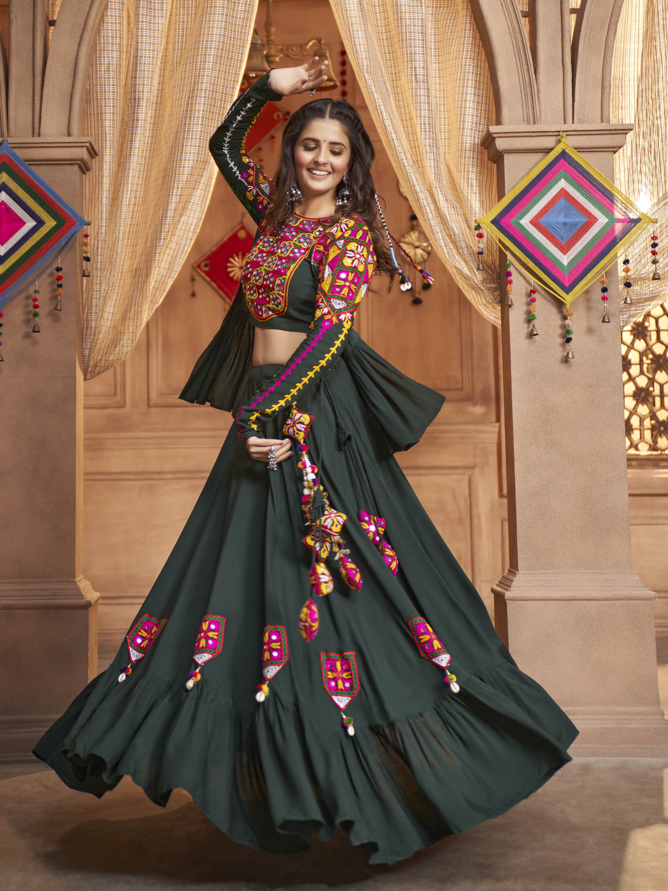 Green Koti Style Viscose Rayon Embroidered Designer Navratri Special Lehenga