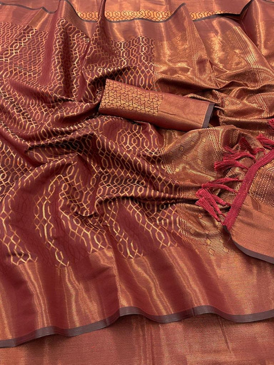 शानदार शुद्ध तांबे की ज़री वर्क वाली साड़ी