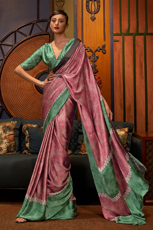 Kalizey Green & Pink Satin Printed Saree