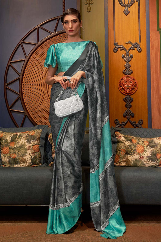 Kalizey Grey & Turquoise Satin Printed Saree