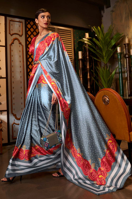 Kalizey Grey Floral Print Satin Saree