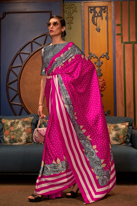 Kalizey Pink Floral Print Satin Saree