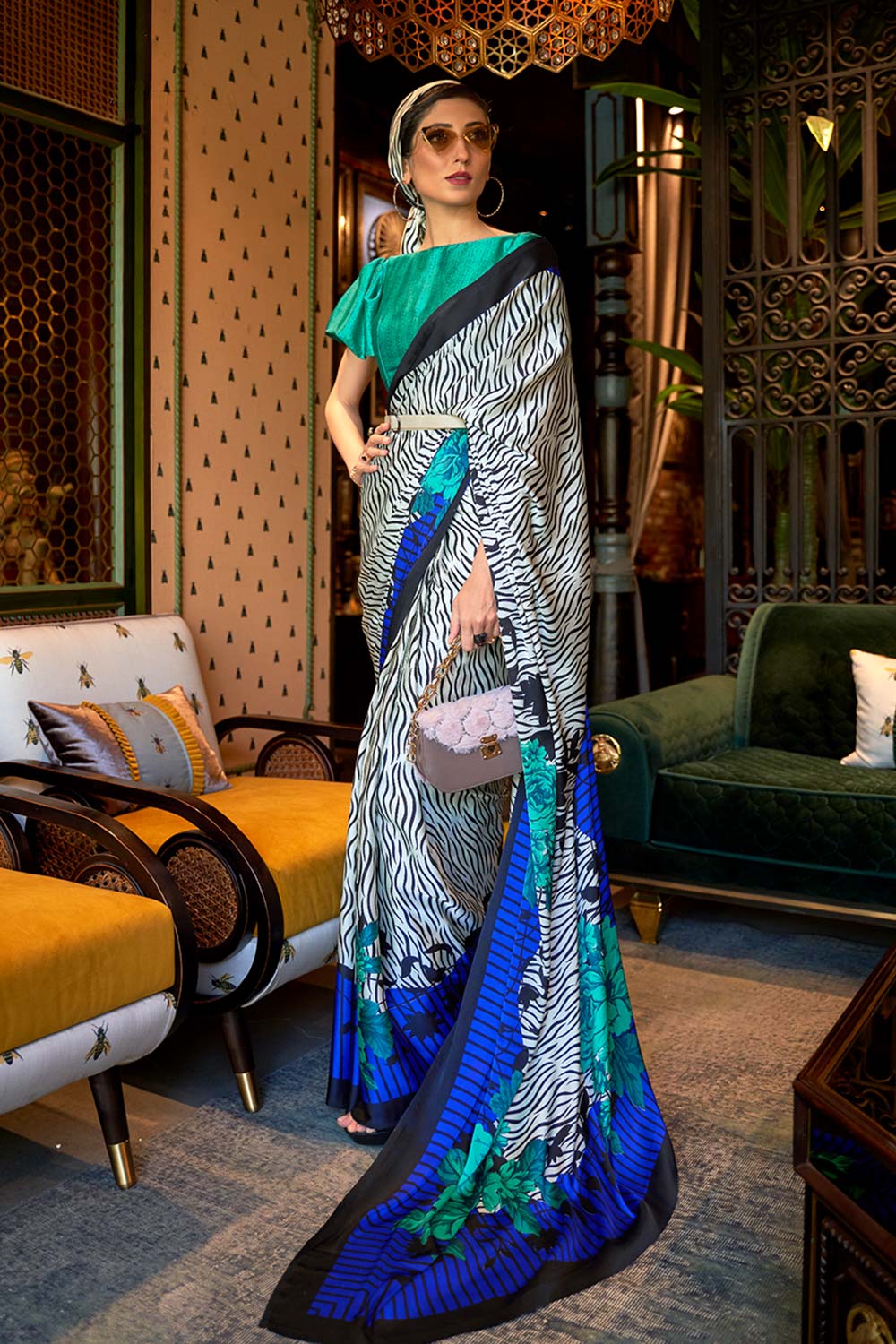 Kalizey White & Blue Floral Print Satin Saree