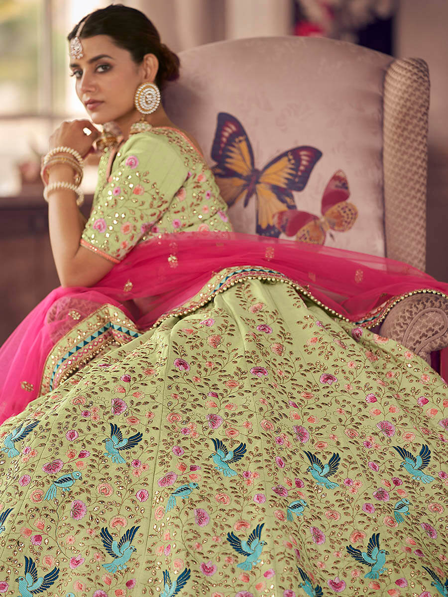 Pista Green Art Silk Heavy Embroidered Lehenga