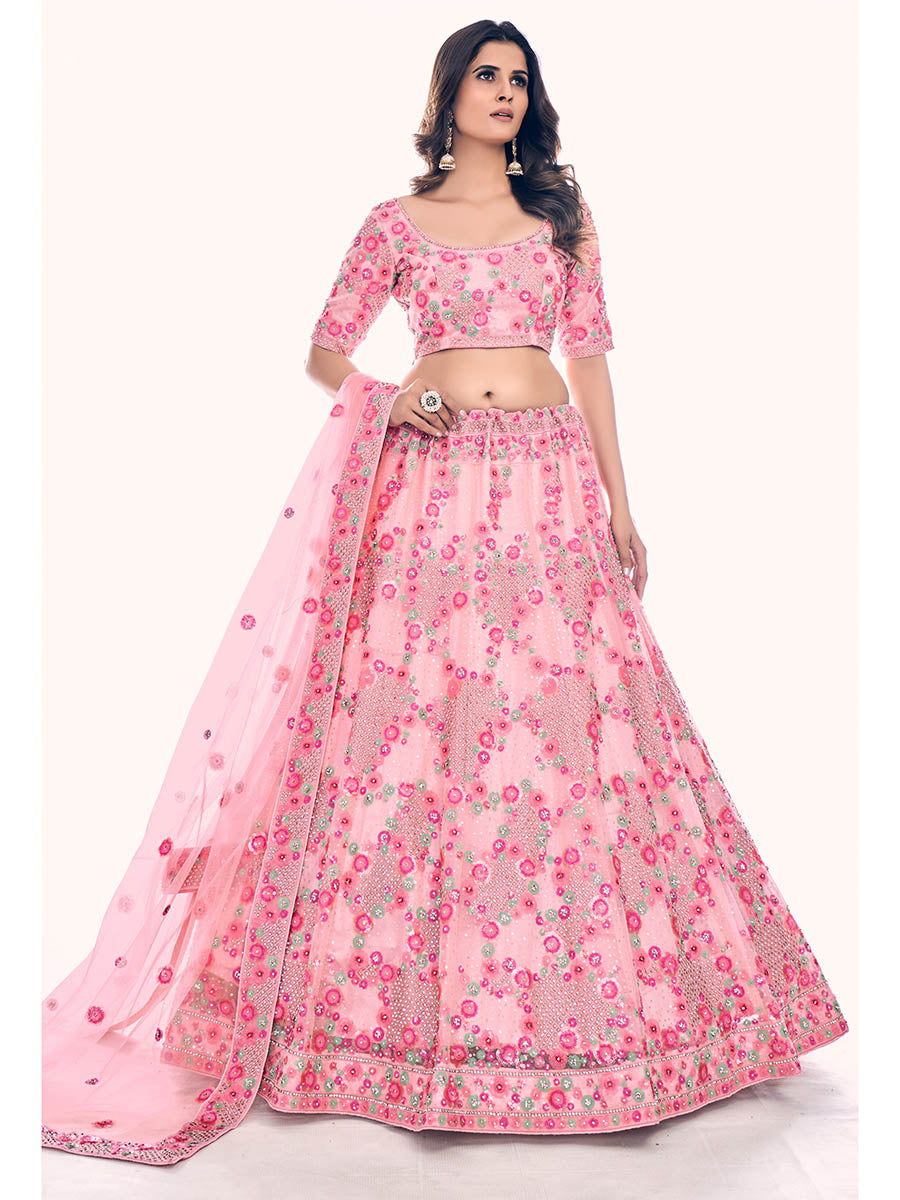 Peach Soft Net Embroidered Designer Lehenga Choli