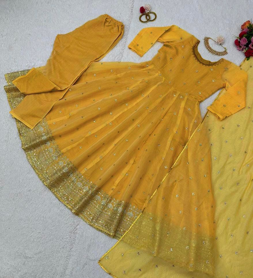 Party Wear Yellow Embroidery Stitched Gown