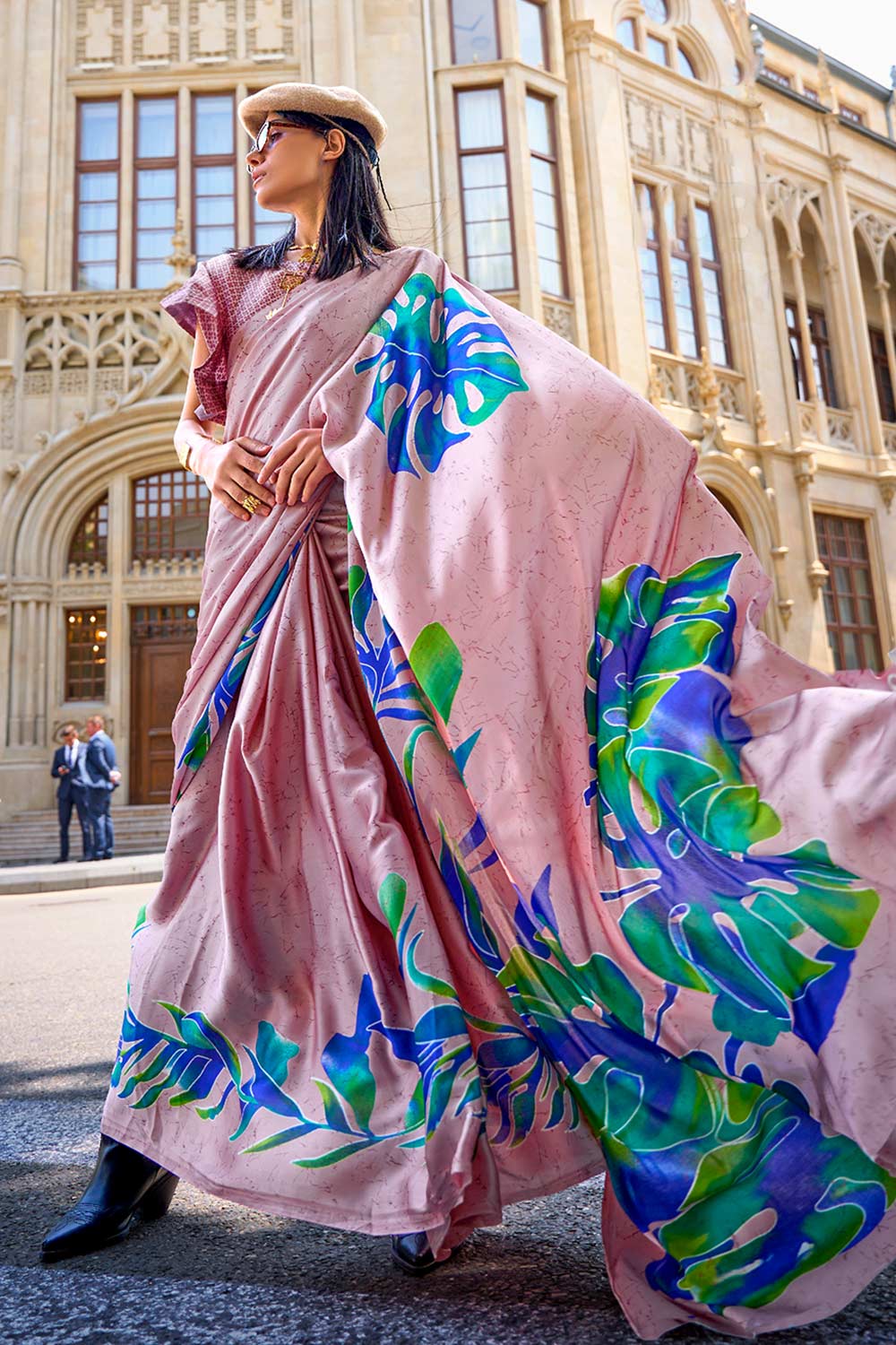 Kubik Lavender Floral Print Satin Crepe Saree