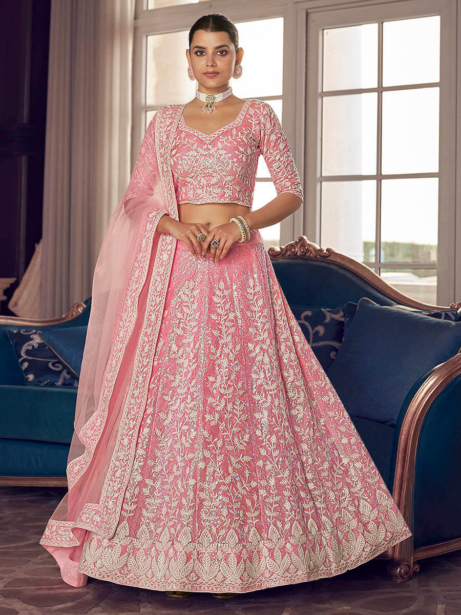 Pink Organza Embroidered Designer Lehenga