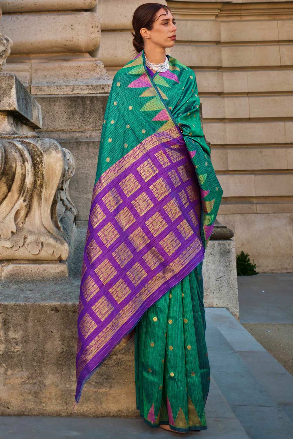 अंजुम सिल्क ग्रीन ब्लॉक प्रिंट वन मिनट साड़ी