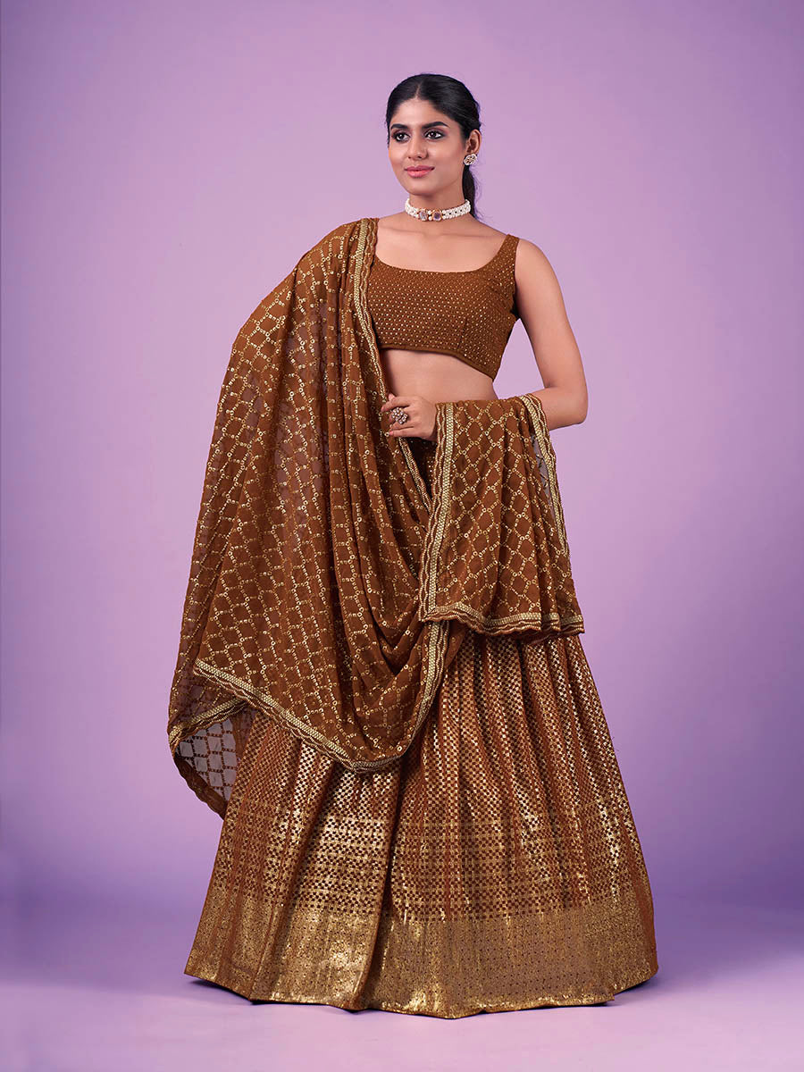 Brown Georgette Embroidered Designer Lehenga