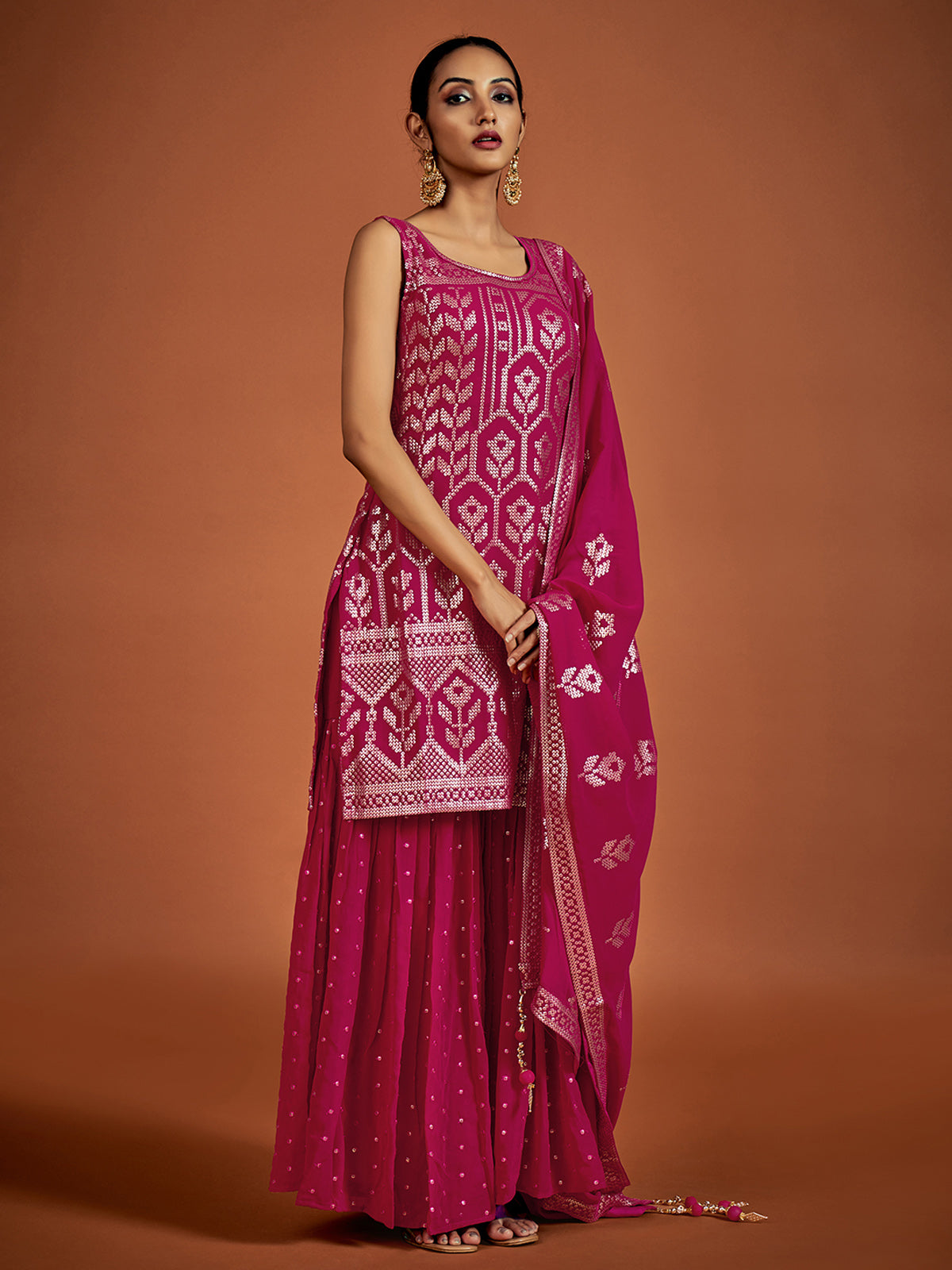 Magenta Embroidered Georgette Partywear Stitched Kurta Set