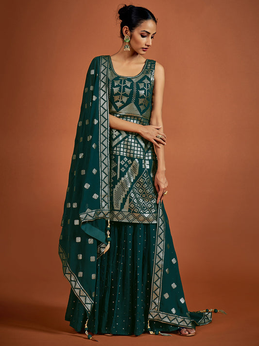 टील कढ़ाई वाला जॉर्जेट पार्टीवियर सिला हुआ कुर्ता सेट