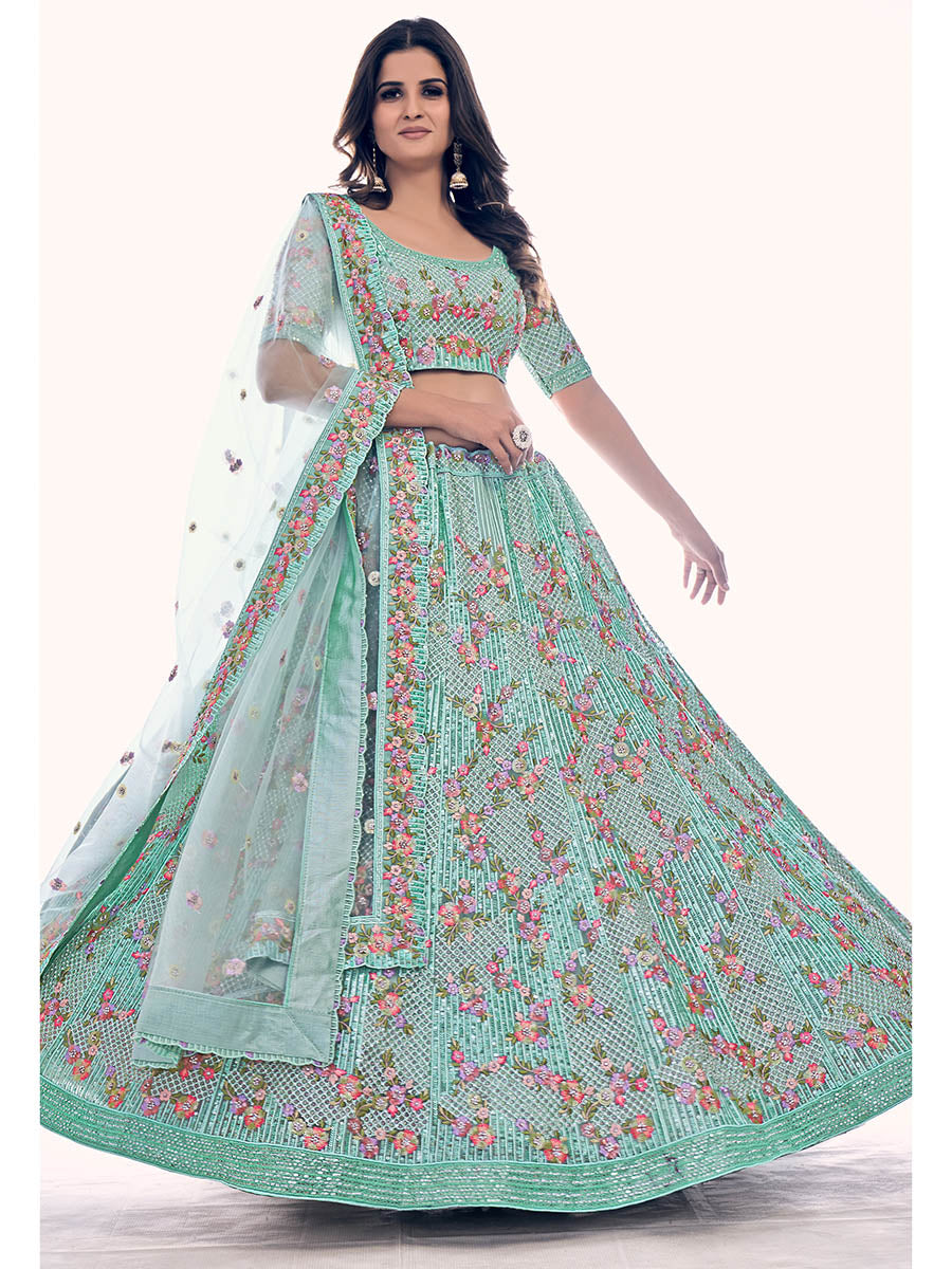 Firozi Soft Net Embroidered Designer Lehenga Choli