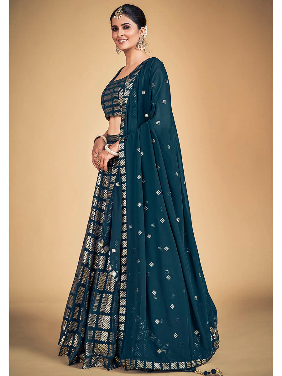 Teal Blue Georgette Real Georgette Lehenga Choli