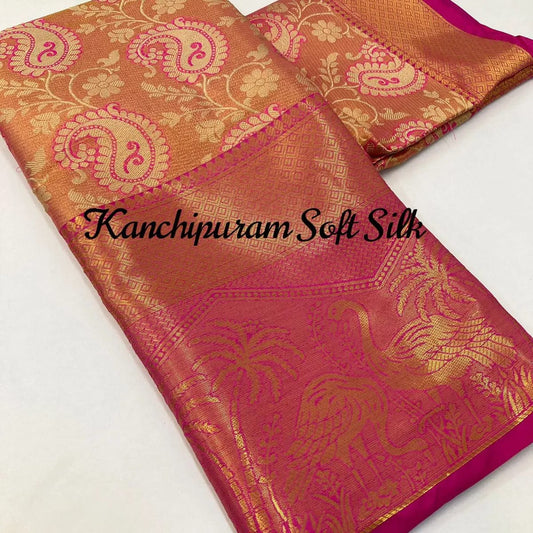 कांजीवरम सिल्क ज़री बुनाई मोर डिजाइनर साड़ी के साथ