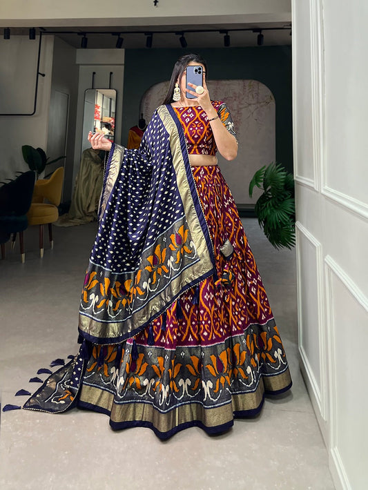 आकर्षक टसर सिल्क प्रिंटेड वर्क लहंगा चोली