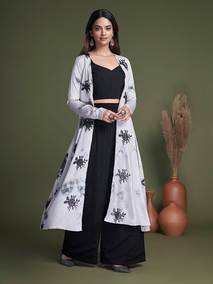 Black and White Koti Style Silk and Georgette Embroidered Palazo Suit