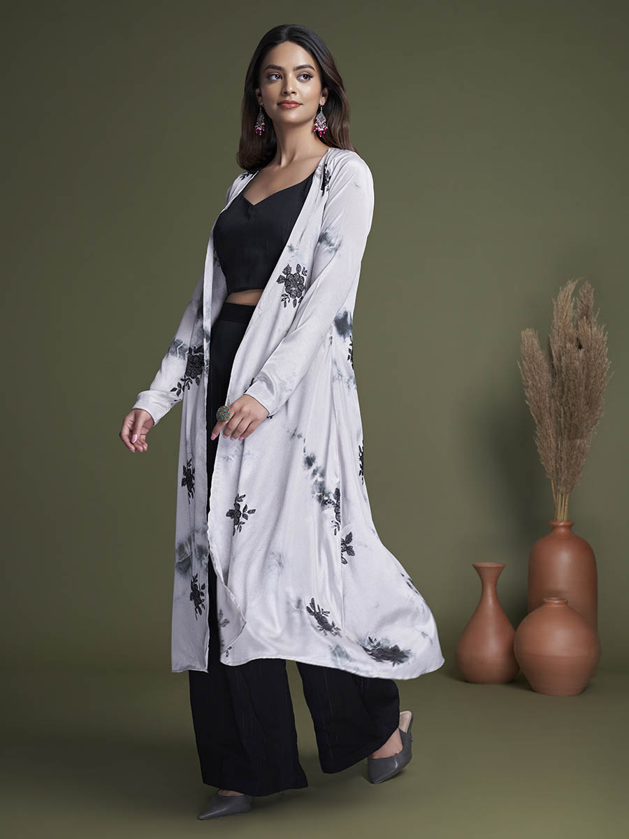 Black and White Koti Style Silk and Georgette Embroidered Palazo Suit