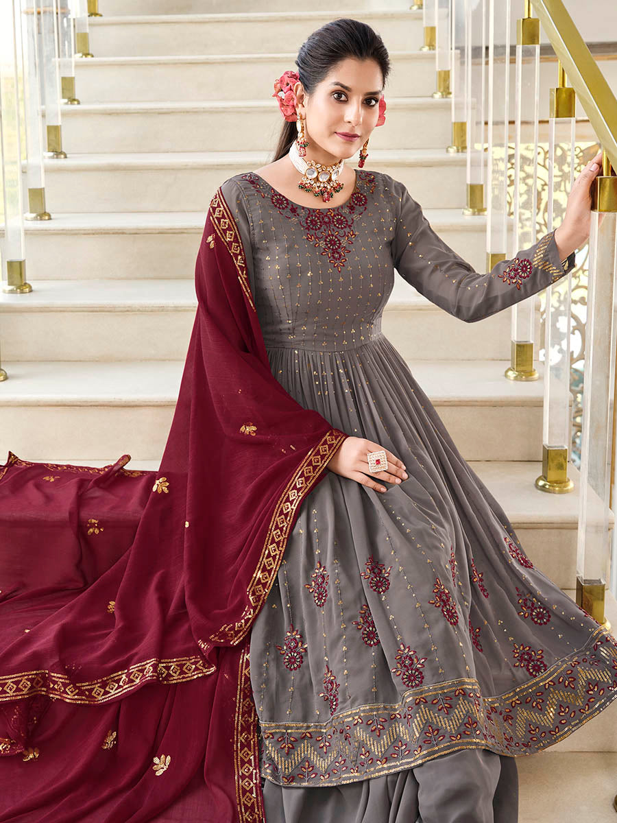 Grey and Wine Real Georgette Gharara Suit